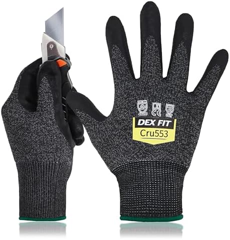 DEX FIT Level 5 Cut Resistant Gloves Cru553 Anti-Static, 3D Comfort Fit A5 Safety Work Gloves with Grip, Thin Touchscreen Gloves for Warehouse, Package Handling, Glass Handling, BlackGray, M, 12 Pairs
