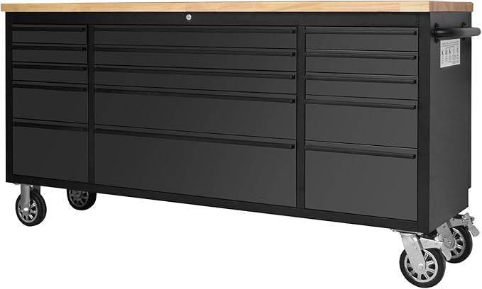 72-Inch Heavy-Duty Rolling Tool Chest & Mobile Workbench with 15 Drawers, Steel Storage Cabinet with Rubber Wood Top, Key Lock, Drawer Liners and Wheels for Garage, Workshop, Black