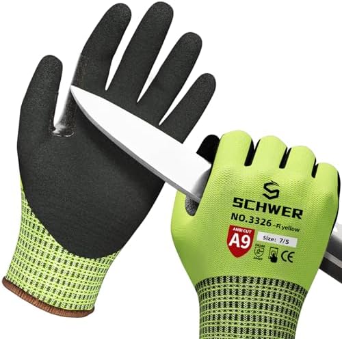 Schwer ProGuard Highest Level Cut Resistant Work Gloves PR3326 for Extreme Protection，ANSI A9 Cut Gloves with Reinforced Thumb, Non Slip, Breathable, Durable, Touch-screen, Yellow1 Pair（S）