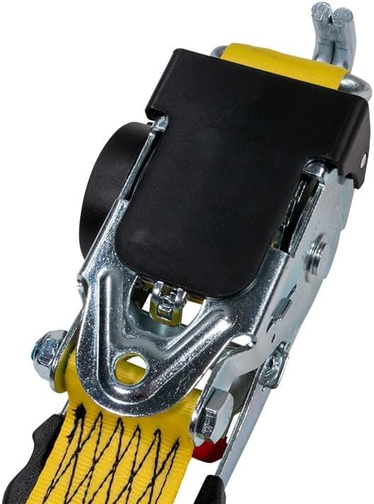 Mytee Products 8 Pack 2" x 10' Retractable Ratchet Straps with Double J-Hook - 3,300 lbs Breaking Strength - Yellow Auto Retract Ratchet Tie Down Strap for Motorcycles, ATVs, Bikes, Boat Trailer