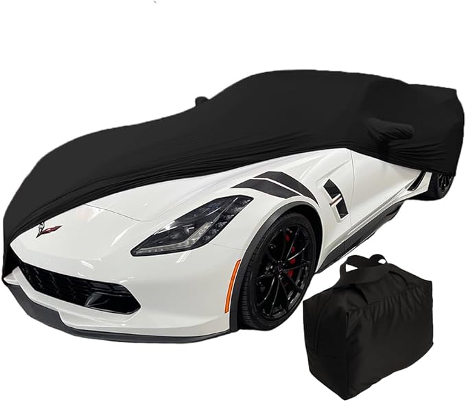 SR1 USA C7 Corvette Indoor Car Cover - Custom Fit Ultraguard Stretch Satin Dust Proof, High End with Storage Bag for 2014-2019 Stingray, Z51, Z06, Grand Sport Corvettes (Black)