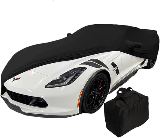 SR1 USA C7 Corvette Indoor Car Cover - Custom Fit Ultraguard Stretch Satin Dust Proof, High End with Storage Bag for 2014-2019 Stingray, Z51, Z06, Grand Sport Corvettes (Black)