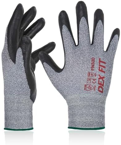 DEX FIT Nitrile Work Gloves FN330, 1 Pair, 3D-Comfort Stretchy Fit, Firm Grip, Thin & Lightweight, Touch-Screen Compatible, Durable, Breathable & Cool, Machine Washable; Grey M (8)