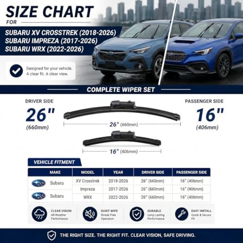 AERO Wipers OEM Replacement for Subaru XV Crosstrek 2018-2026 & Impreza 2017-2026 & WRX 2022-2026, 26"+16" Front, All-Season Windshield Wiper Blades with Extra Refills (Set of 2)