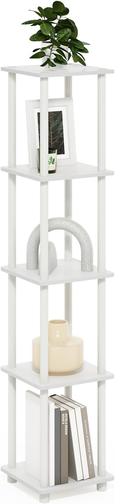 Furinno Turn-N-Tube Storage Shelves, 5-Tier Square Book Shelf, Corner Shelf, Toolless Open Shelves, Round Tubes, for Organization and Storage, Living Room, Garage, Home Office, White