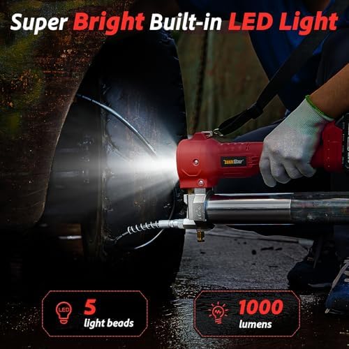 TaskStar Electric Grease Gun Cordless10000 PSI, Grease Gun Kit with 2×2.0Ah Batteries & Charger, 39.4" Flexible Hose & LED Light for Tractors Trucks Trailers Heavy Equipment Maintenance (Red)