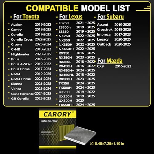 CARORY Cabin Air Filter w/Activated Carbon for Toyota Camry, Corolla, RAV4, Prius, Highlander, Sienna, Venza, Crown, Lexus ES350, ES300h, NX250, RX350, RX450, Subaru Outback, Mazda CX9 and More, CF157
