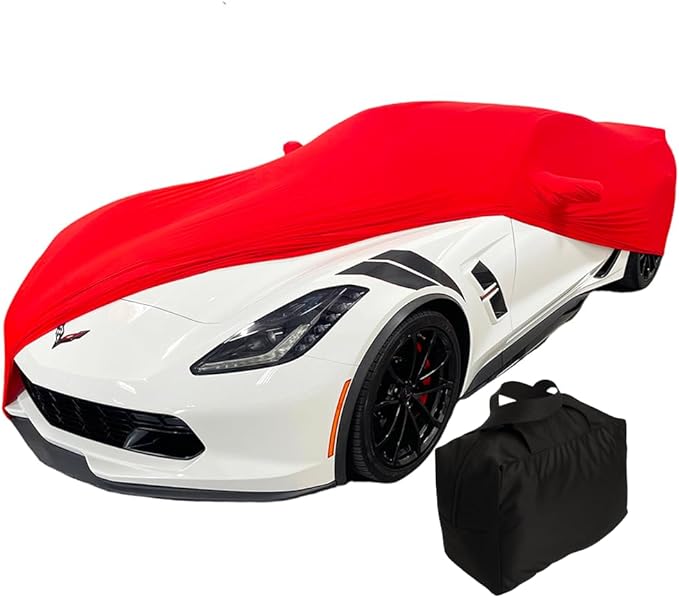 C7 Corvette Indoor Car Cover - Custom Fit Ultraguard Stretch Satin Dust Proof, High End with Storage Bag for 2014-2019 Stingray, Z51, Z06, Grand Sport Corvettes (Red)