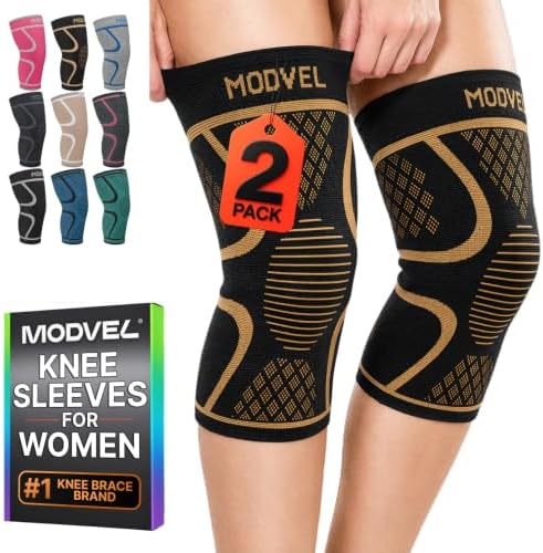 Modvel 2 Pack Knee Brace for Women - Knee Support for Walking, Knee Compression Sleeves for Pain Relief, Knee Sleeves for Women, Knee Brace for Sports, Workouts & Arthritis