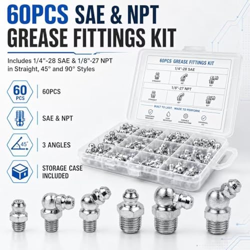 AKEOIL 60Pcs SAE & NPT Grease Fittings Kit, 1/4"-28 and 1/8"-27 Grease Zerk Fittings Assortment, Straight 45° 90° Grease Nipples with Storage Case for Automotive, Tractors and Machinery