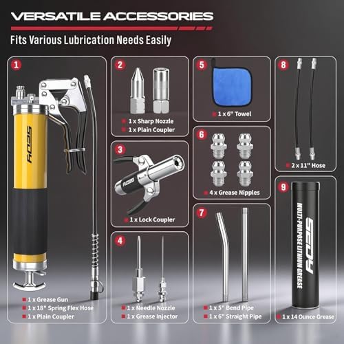 17-Piece Heavy Duty Grease Gun Kit: 14oz Grease Tube Flexible Hose Bearing Grease Pump 8000 PSI Pistol Grip Grease Guns Tool Marine Durable Connectors Adapters Extension Tubes Nozzle Easy Operation
