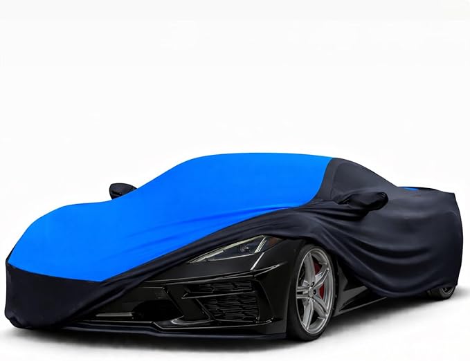 SR1 Performance USA C8 Corvette Indoor Car Cover – Custom Fit Stretch Satin Ultraguard, Soft Paint Protection Against Dust & Scratches for 2020–2026 Stingray, Z51, Z06, E-Ray (Blue/Black)