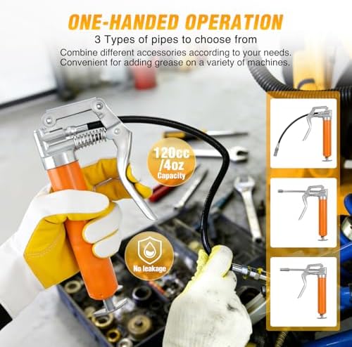 GOOACC Mini Grease Gun 6000 PSI 4oz Grease Gun Kit with 12" Flex Hose Extension Adapter Normal Coupler Rigid Pipe Small Pistol Grip Grease Guns for Automotive Farm Industrial Marine Equipment, Orange