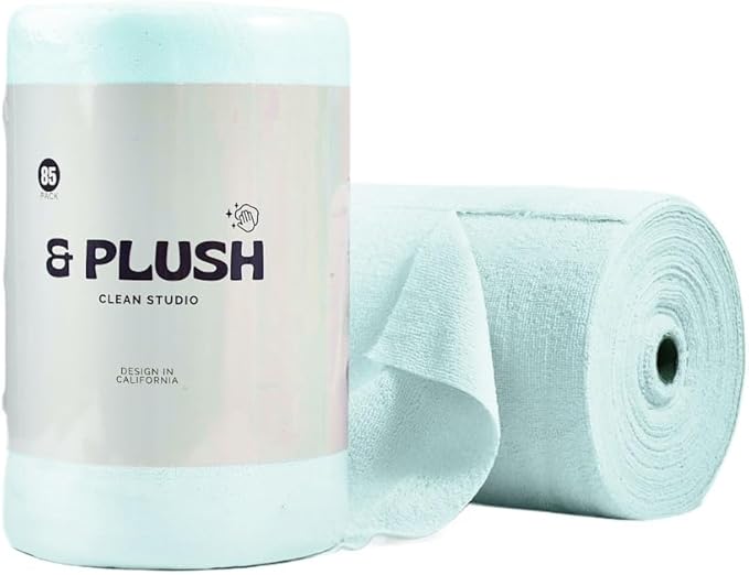 & PLUSH Microfiber Cleaning Cloth Roll - 50 Pack, Tear Away Microfiber Towels, 12" x 12", Reusable, Washable, Streak Free, Ultra Absorbent Dish Rags for Car, Home, Garage or Shop (Blue)