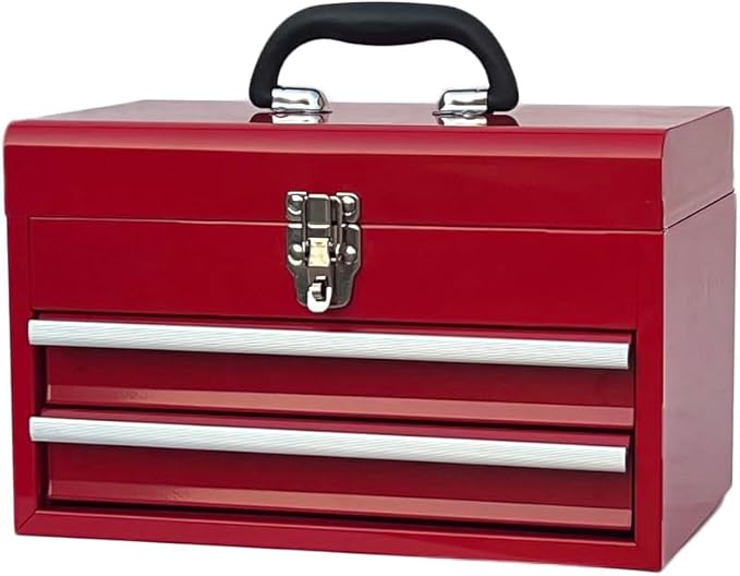 Workington Portable Metal Tool Chest with 2 Drawers, 14" 2-Drawer Tool Chest Cabinet with Ball Bearing Drawer Slides, Steel Tool Storage Box Organizer 4202 Red