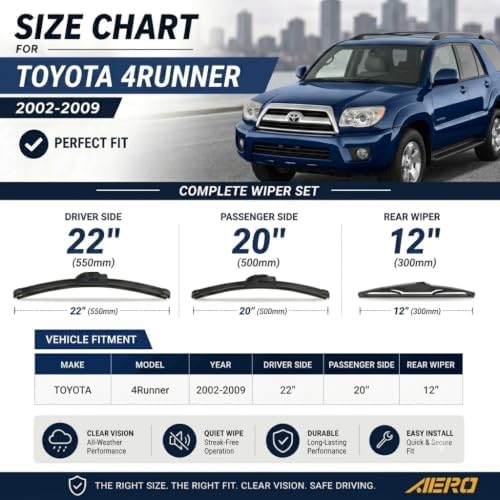 AERO Wipers Replacement for Toyota 4Runner 2009 2008 2007 2006 2005 2004 2003, 22"+20" Front + 12" Rear, All-Season Windshield Wiper Blades with Extra Squeegee Refills + 1-Year Warranty (Set of 3)