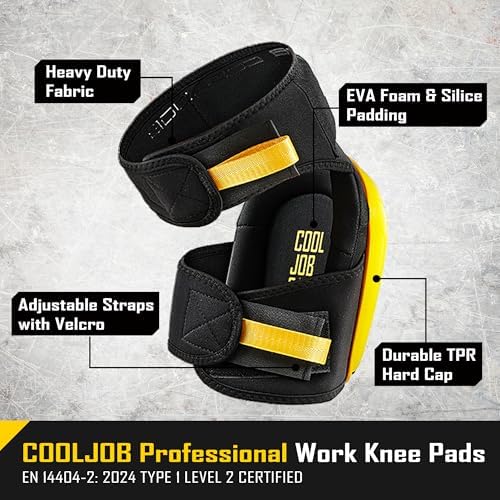 COOLJOB Professional Knee Pads with Heavy Duty Anti-Slip Cap, Comfortable Foam Cushion and Extra Thick Gel Padding for Construction Flooring, Reinforced & Adjustable Straps, Yellow