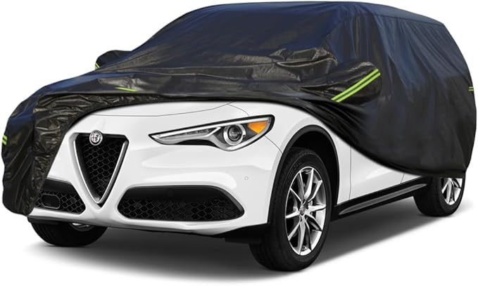 KouKou Waterproof SUV Car Cover Suitable for Alfa Romeo Stelvio from 2017 to 2025, 7 Layers Windproof All Weather Waterproof Outdoor Cover Sun Rain UV Dust Snow Protection. Black