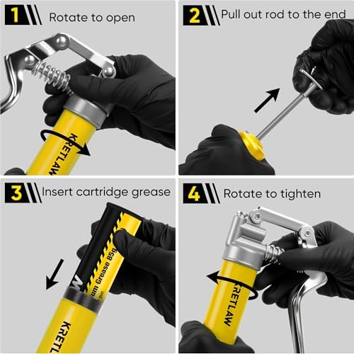 KRETLAW Mini Grease Gun (3000PSI) with Double 3oz Cartridge Grease and 12'' Flex Hose, Reinforced Coupler for Automotive, Yellow
