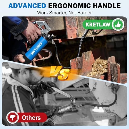 KRETLAW Grease Gun, 7000 PSI Heavy Duty Professional Pistol Grip Grease Gun Kit 14 OZ with Coupler, Double Grease Injector Needles, 18" & 2pc 12" Flex Hoses and Reinforced Glove