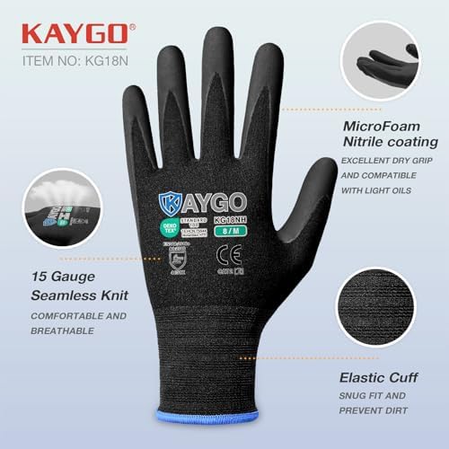 KAYGO Safety Work Gloves, MicroFoam Nitrile Coated, Men Women,KG18N