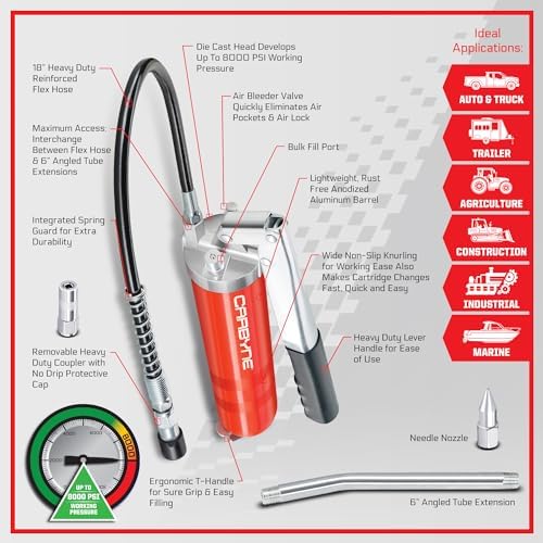 Carbyne Grease Gun, Lever Handle, 8000 PSI, Heavy-Duty Steel Barrel