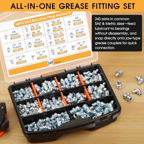 240-Piece Zerk Grease Fittings, SAE & Metric Grease Nipple Assortment