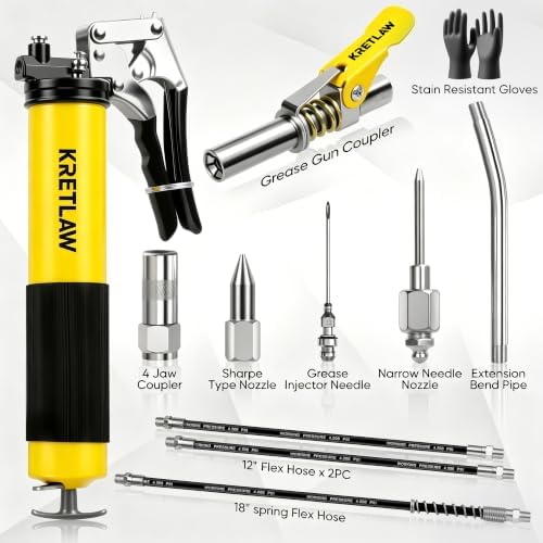 KRETLAW Grease Gun, 7000 PSI Heavy Duty Professional Pistol Grip Grease Gun Kit 14 OZ with Coupler, Double Grease Injector Needles, 18" & 2pc 12" Flex Hoses and Reinforced Glove, Yellow