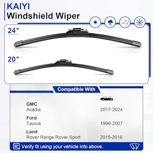 KAIYI 24" + 20" Windshield Wipers Compatible with GMC Acadia 2017-2024,Ford Taurus 1996-2007,Land Rover Range Rover Sport 2015-2016 Premium Automotive Replacement Windshield Wiper Blades 2 Pack