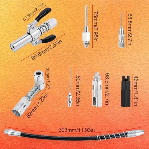 Grease Gun Accessory Kit, Grease Gun Nozzle, Hose, Cleaner, 90 Degree Coupler Adapter, Needles (2 Fine + 1 Coarse) & Needle Tip & Embedded Nozzle Fittings Attachment for Automotive Heavy Machinery