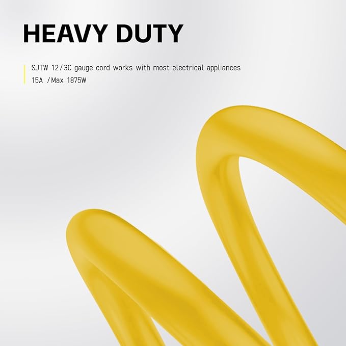 EP 8 Ft Lighted Extension Cord - 12/3 SJTW Heavy Duty Yellow Extension Cable with 3 Prong Grounded Plug - Power Cord for Lawn, Garden, Appliances