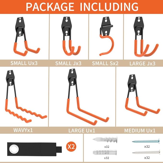 Steel Garage Storage Hooks - 16 Pack Anti-Slip Coating，Heavy Duty Steel Hooks for Hanging Power and Garden Tools，Ladders, Hose, Bikes, Ropes, Bulk Items, and More Hooks