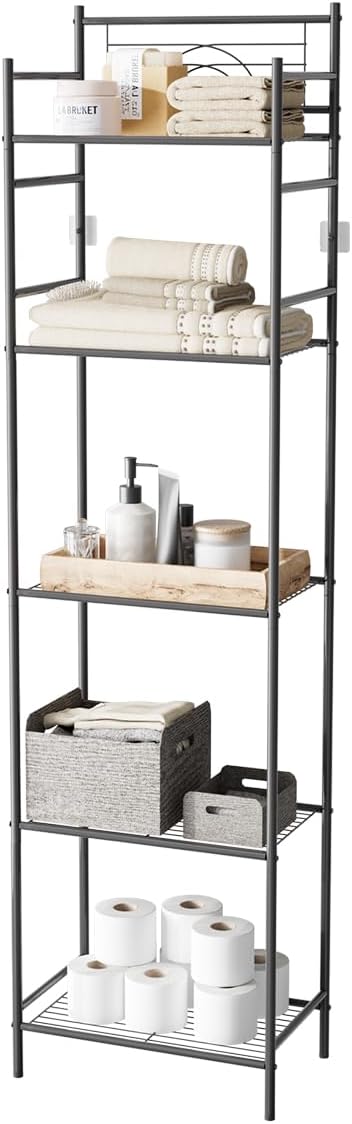 LEEDA 5-Tier Metal Shelving Unit, Sturdy Bathroom Storage Shelf & Free Standing Towel Rack with Adjustable Feet, Open Floor Shelves for Small Space in Bathroom, Kitchen, Office, Black