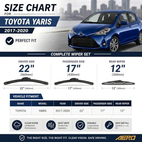AERO Voyager 22"+17" Premium All-Season Windshield Wiper Blades with Extra Rubber Refills OEM Replacement for Toyota Yaris iA 2018 + 1-Year Warranty (Pack of 2)