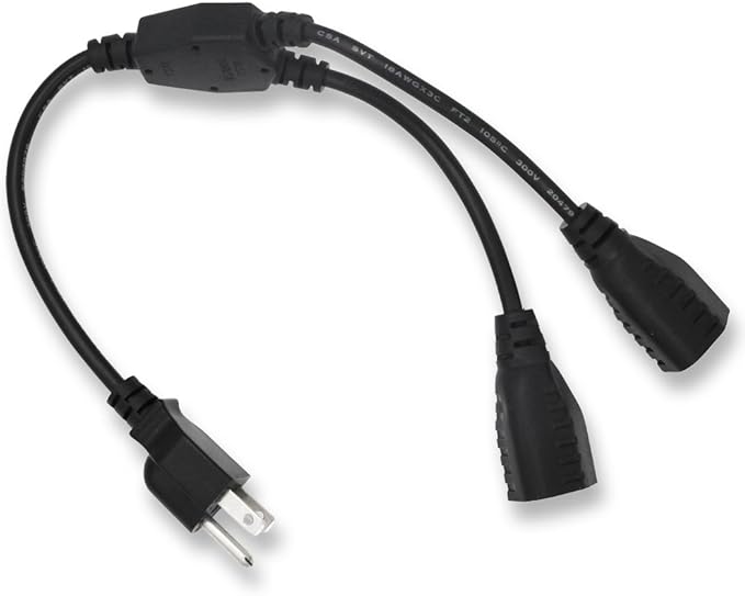 KUNCAN Power Cord Extension Y Splitter - 2 Way Outlet Adapter NEMA 5-15R to 1 NEMA 5-15P with 18AWG 300V Plug 1ft 13A