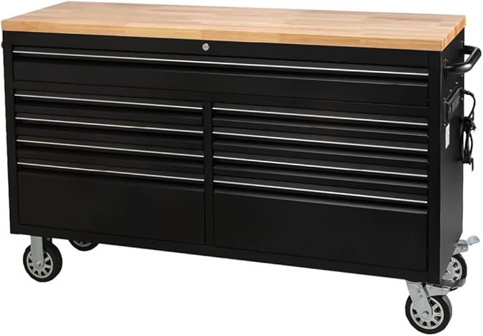 61-Inch Heavy-Duty Rolling Tool Chest & Mobile Workbench with 9 Drawers, Steel Storage Cabinet with Rubber Wood Top, Key Lock, Drawer Liners and Wheels for Garage, Workshop, Black