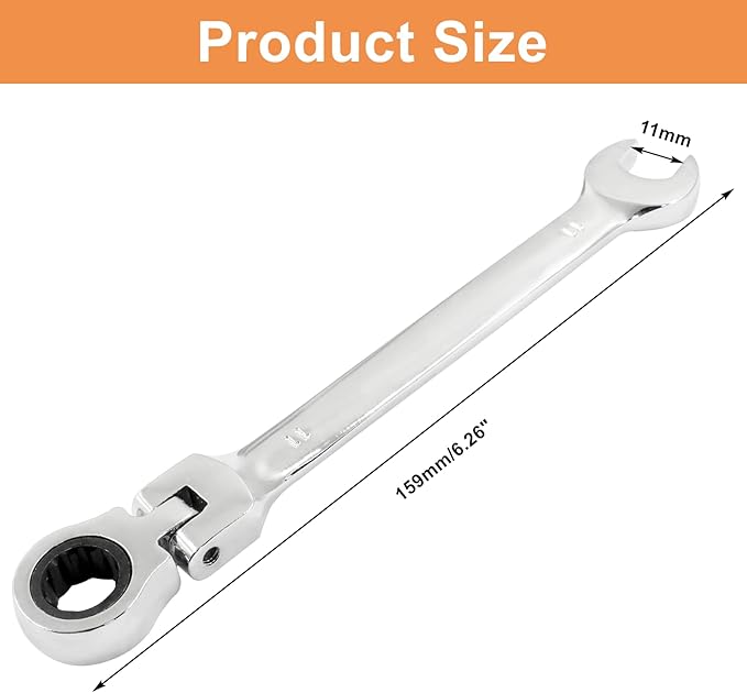 Piutouyar 11mm Flex-Head Ratcheting Wrench, Professional Metric Ratchet Wrench Combination Wrench Box Ended Spanner Tool for Projects Repair(5° Movement and 72 Teeth 12 Point, CR-V)