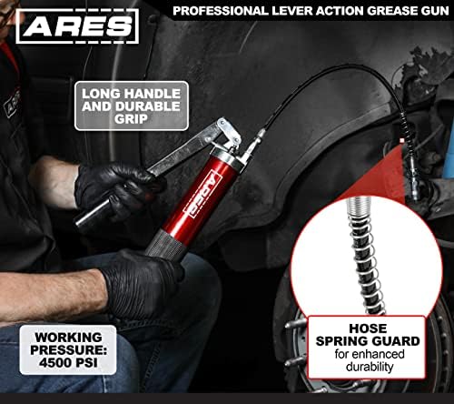 ARES 53013 – Professional Lever Action Grease Gun - 400cc Bulk and 14 Ounce Cartridge Loading - 4500 PSI Working Pressure Rating – 18-Inch Flex Hose and 6-Inch Offset Extension