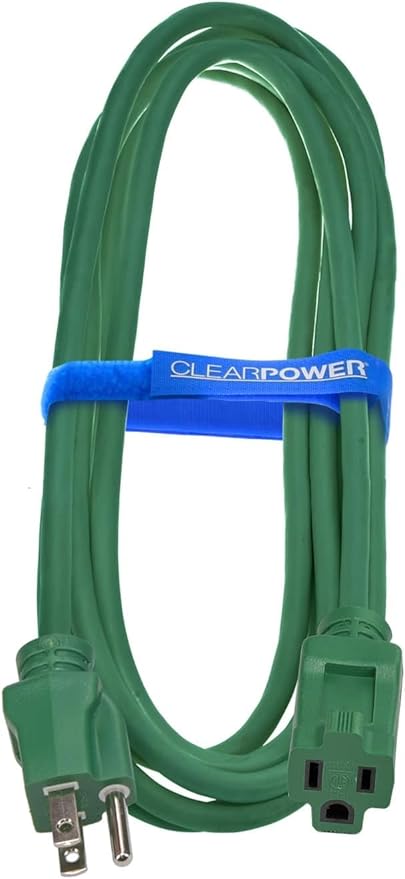 Clear Power Outdoor Extension Cord - 15 FT, Green | Lawn & Garden, 16/3 SJTW, Water & Weather Resistant, Flame Retardant, 3 Prong Grounded Plug, Perfect for Christmas and Holiday (CP10198)