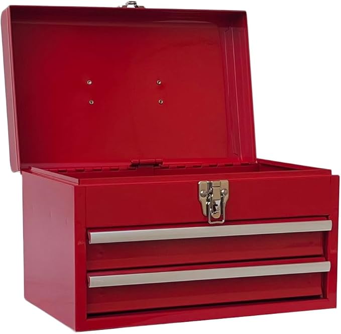 Workington Portable Metal Tool Chest with 2 Drawers, 14" 2-Drawer Tool Chest Cabinet with Ball Bearing Drawer Slides, Steel Tool Storage Box Organizer 4202 Red