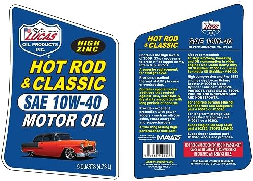 Lucas Oil 10683 Hot Rod & Classic Car SAE 10W-40 Motor Oil - 5 Quart