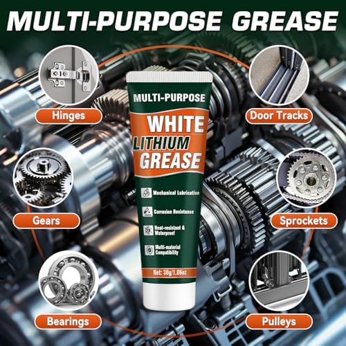 White Lithium Grease Tube with Brush, Multi-Purpose Lithium Grease, Garage Door Lubricant for Hinges, Bearings, Gears, Ideal for Automotive, Marine, Industrial, Waterproof & Rust-Proof (2)