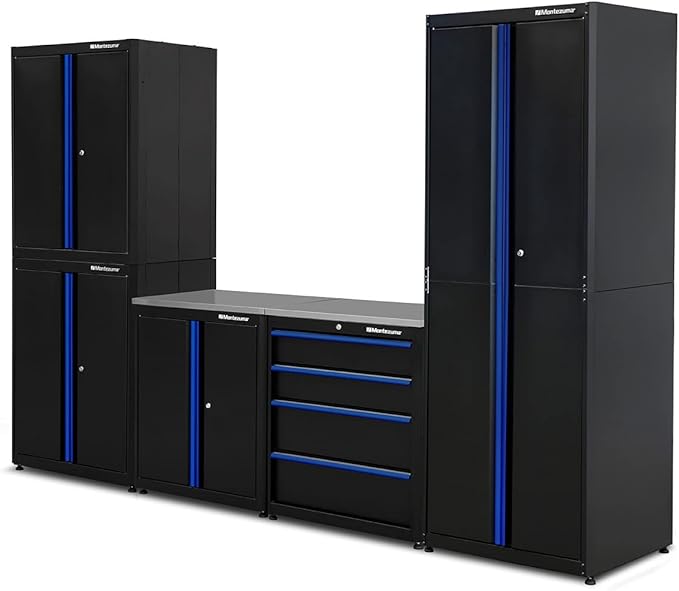 Montezuma Garage Tool Storage System - 5Piece Combo Workbench with Locking Cabinet & Stainless Steel Worktop - Pc-Efgh