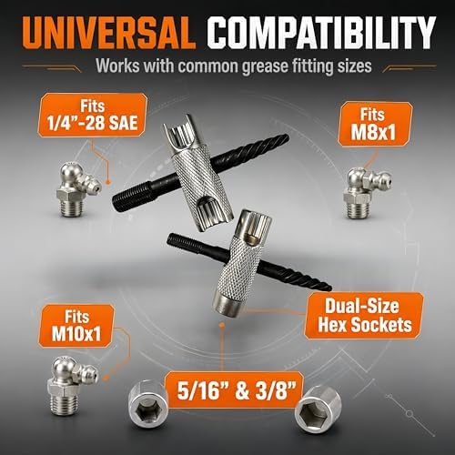 Grease Fitting Tool Kit, Universal Zerk Fitting Installer Remover Rethread Tool, 1/4"-28 & 1/8" NPT Grease Fittings Repair Tool for Remove, Rethread, Install