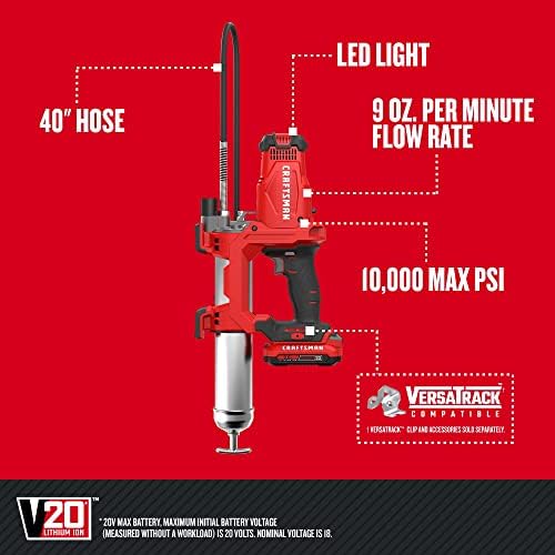 CRAFTSMAN V20 Grease Gun Kit, Electric Grease Gun Cordless, 40" Hose, 10,000 Max PSI, LED Light, Battery and Charger Included (CMCGG001D1)