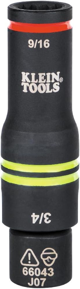 Klein Tools 66044 3-in-1 Flip Impact Socket, Alignment Slot, 9/16-Inch, 3/4-Inch Hex Sizes, 12-Point, 1/2-Inch to 3/8-Inch Square Adapter