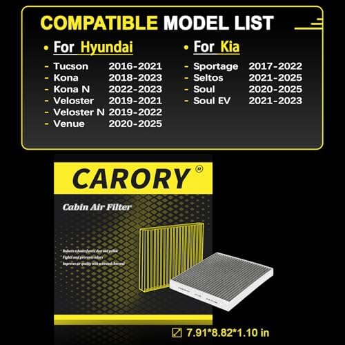 Cabin Air Filter w/Activated Carbon for Hyundai Kona 18–23, Tucson 16–21, Veloster 19–21, Veloster N 19–22, Venue 20–25, Kia Seltos 21–25, Soul 20–25, Soul EV 21–23, Sportage 17–22, and More, CF160