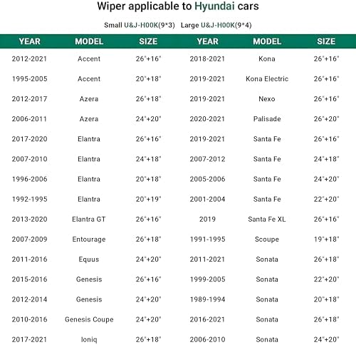 CDWTPS 26"+16" Windshield Wiper Blades for Hyundai, 2 Pack