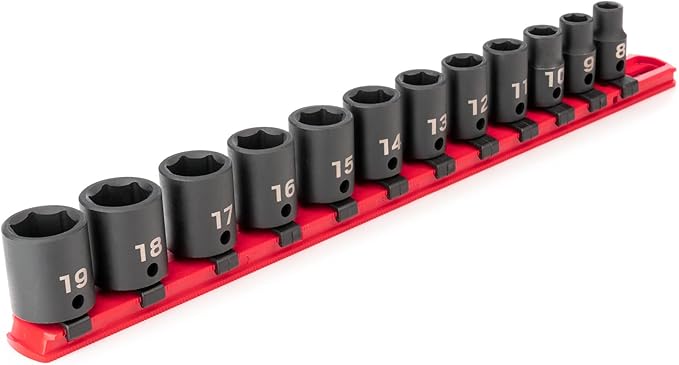 TEKTON 3/8 Inch Drive Shallow 6-Point Impact Socket Set with Rail, 12-Piece (8-19 mm) | SID91102