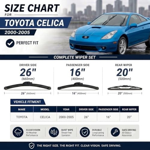 AERO Wipers Replacement for Toyota Celica 2000-2005, 26"+16" Front + 20" Rear, All-Season Windshield Wiper Blades with Extra Squeegee Refills + 1-Year Warranty (Set of 3)